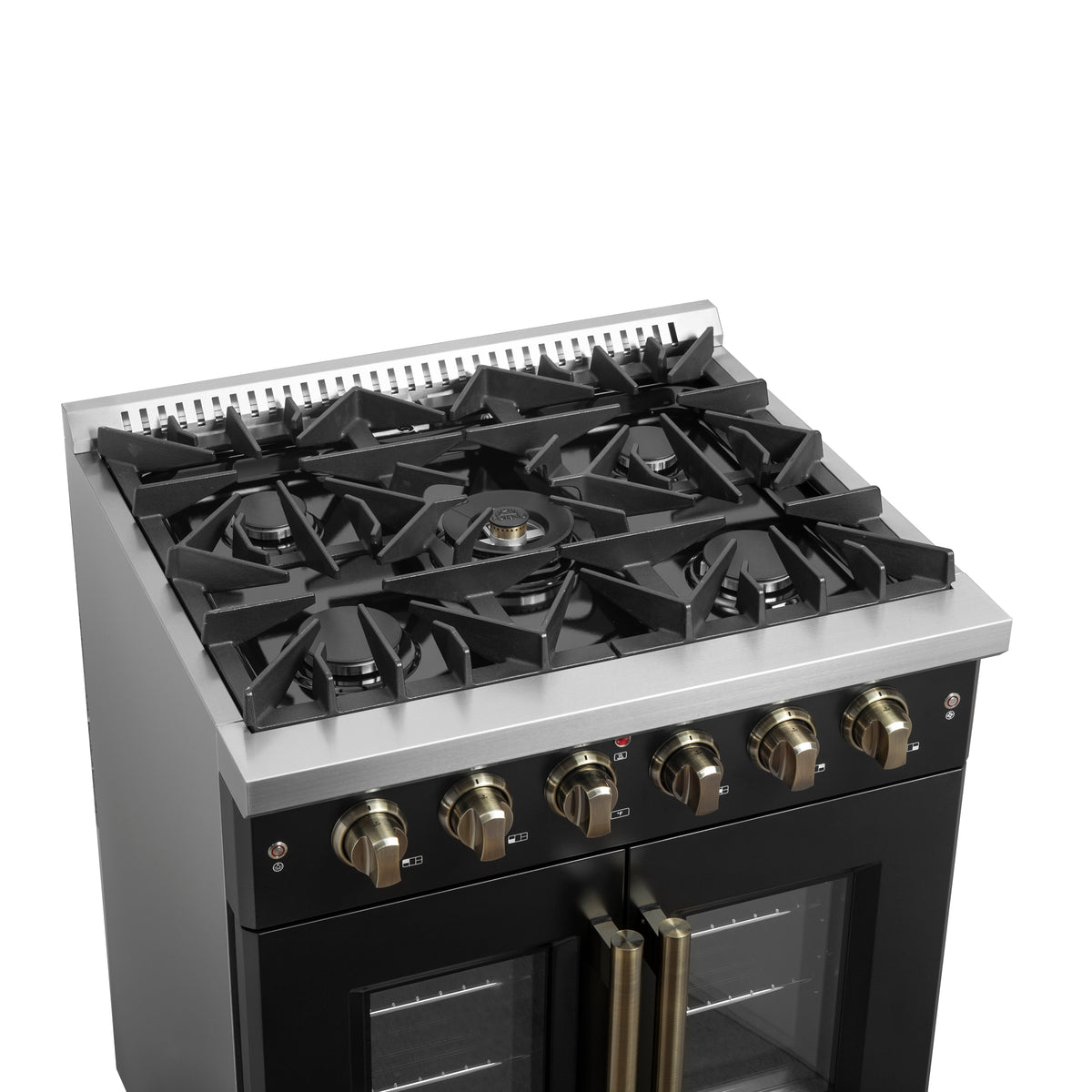 Forno Galiano 30-inch French Door Gas Range Black and Antique Brass De